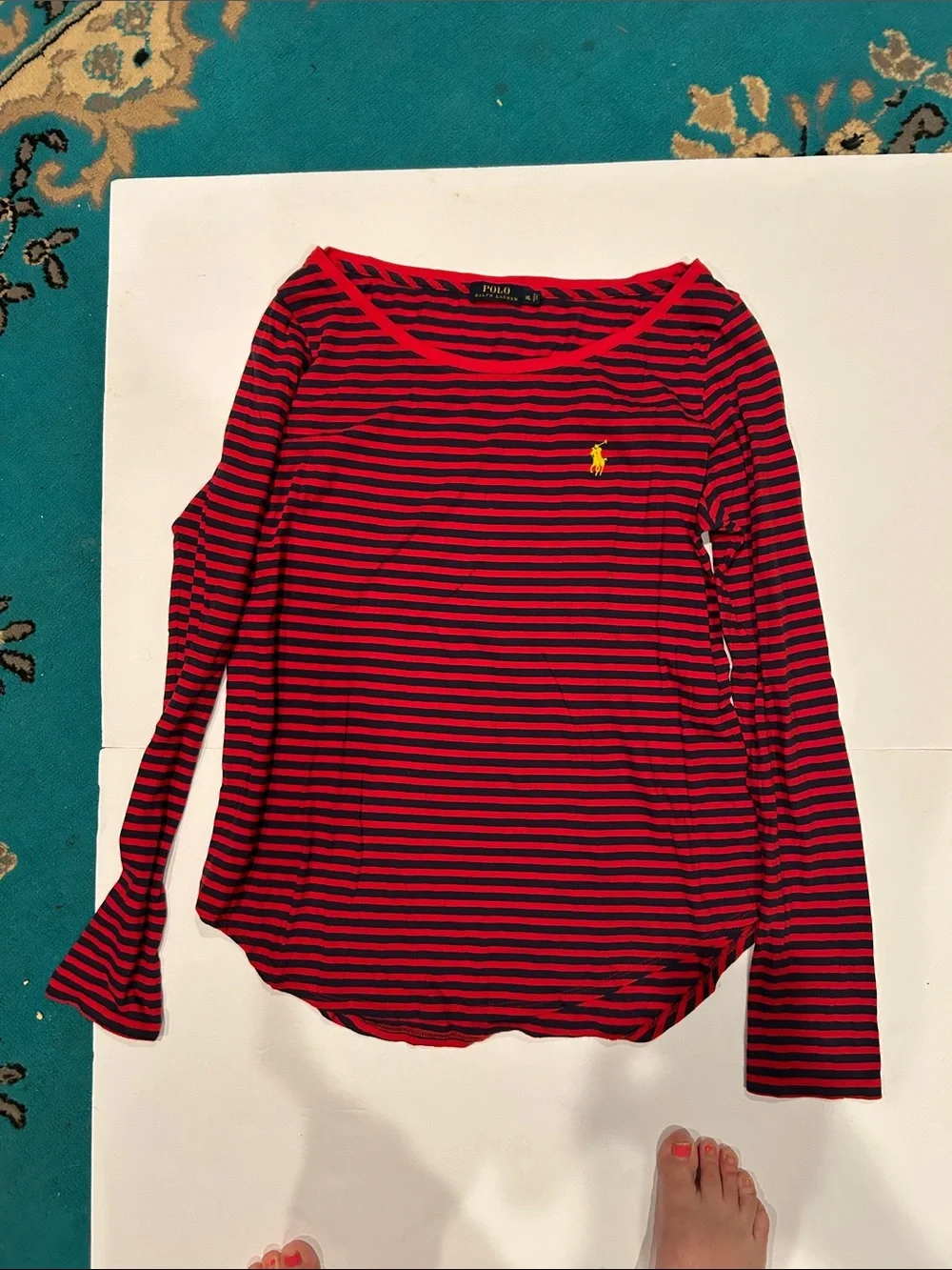 Ralph Lauren Red & Navy Striped Long Sleeve Tee with Yellow Pony